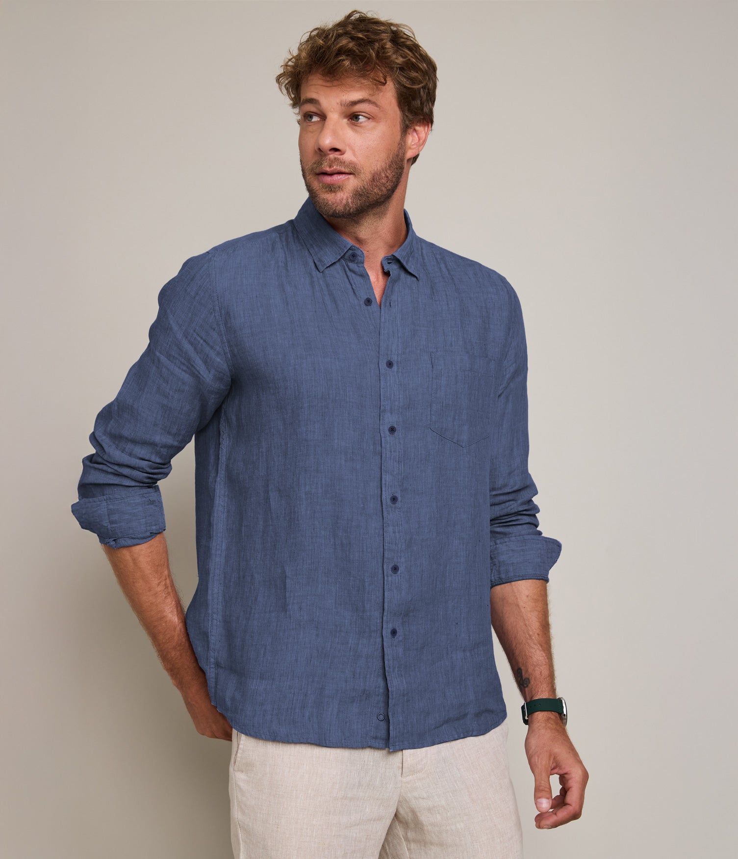 Camisa Hombre Lino M/Larga Dablin Azul