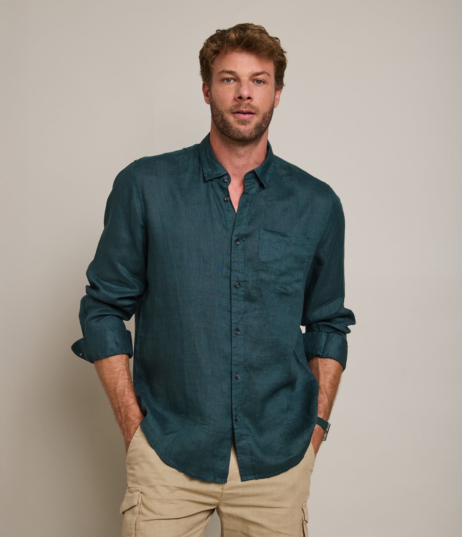 Camisa Hombre Lino M/Larga Dablin Verde Oscuro